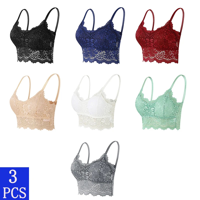 3PCS Women's Lace Bras Top Comfortable Bralette Solid Color Sexy Underwear Vest Female Hollow Out Wireless Lingerie Seamless Bra - Matrix Studios