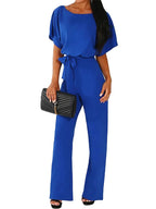 Women Jumpsuits Elegant Solid Color Flare Short Sleeve Waist Tie Wide Leg Pants Romper Summer Streetwear - Matrix Studios