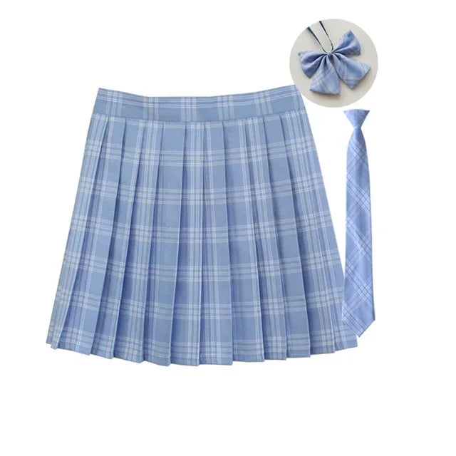 Women Summer Plaid Pleated Skirt With Necktie Bowtie Korean Jk Skirt Uniform Japanese School Preppy A Line Mini Skirts - Matrix-studios.com