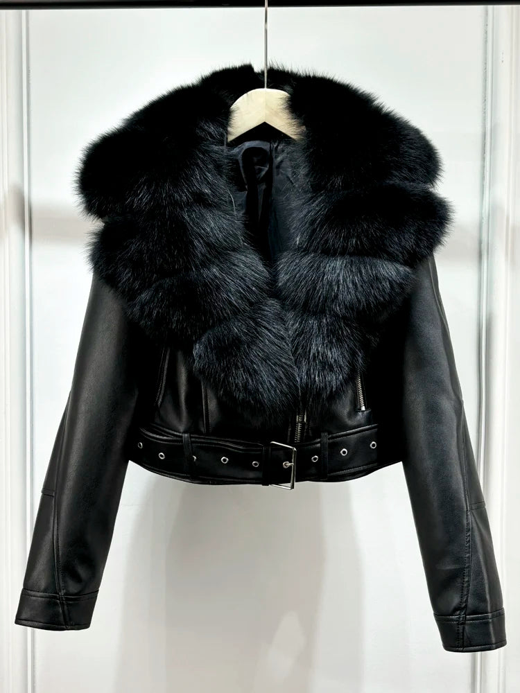 Lagabogy 2024 Big Real Fox Fur Women Vintage Pu Faux Leather Short Jacket With Belt Streetwear Female Zipper Retro Coat Outwear - Matrix Studios