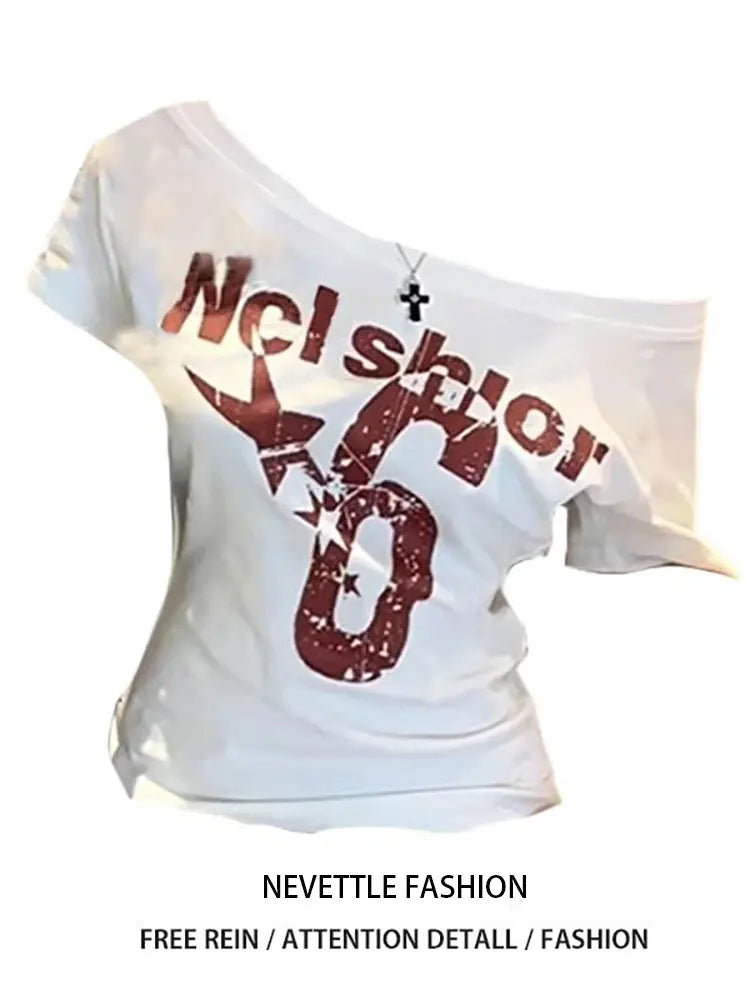 Summer Y2k Sport Off Shoulder Top Women Sexy Vintage 2000s Short Sleeve T Shirt Lady Body Basic Crop Top Female Casual - Matrix-studios.com