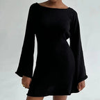 New sexy Backless Round Collar Cover-Ups Solid Color Knit Beachwear Stylish Horn Sleeve Beach suit Female Holiday wrap Dress - Matrix Studios