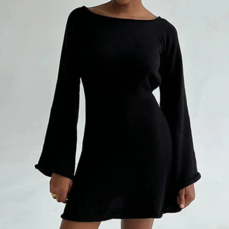 New sexy Backless Round Collar Cover-Ups Solid Color Knit Beachwear Stylish Horn Sleeve Beach suit Female Holiday wrap Dress - Matrix Studios