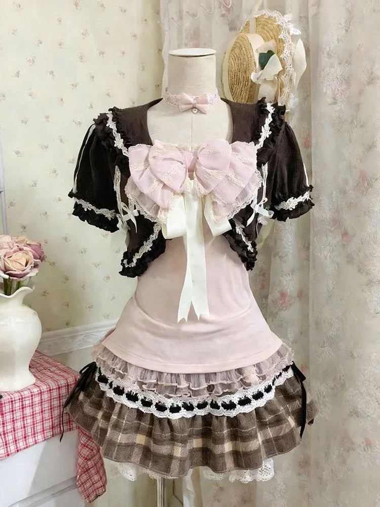 Sweet Lolita Vintage Suits Women Ruffles Cardigan + Sexy Y2k Corset Vest + Mini Skirts Autumn Korean Elegant 3 Piece Dress Sets - Matrix-studios.com