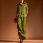 Women 2 Piece Linen Set Lapel Collar Half Button Short Sleeve High Waist Split Elegant Casual Loose Summer Wide Leg Long Pants - Matrix-studios.com