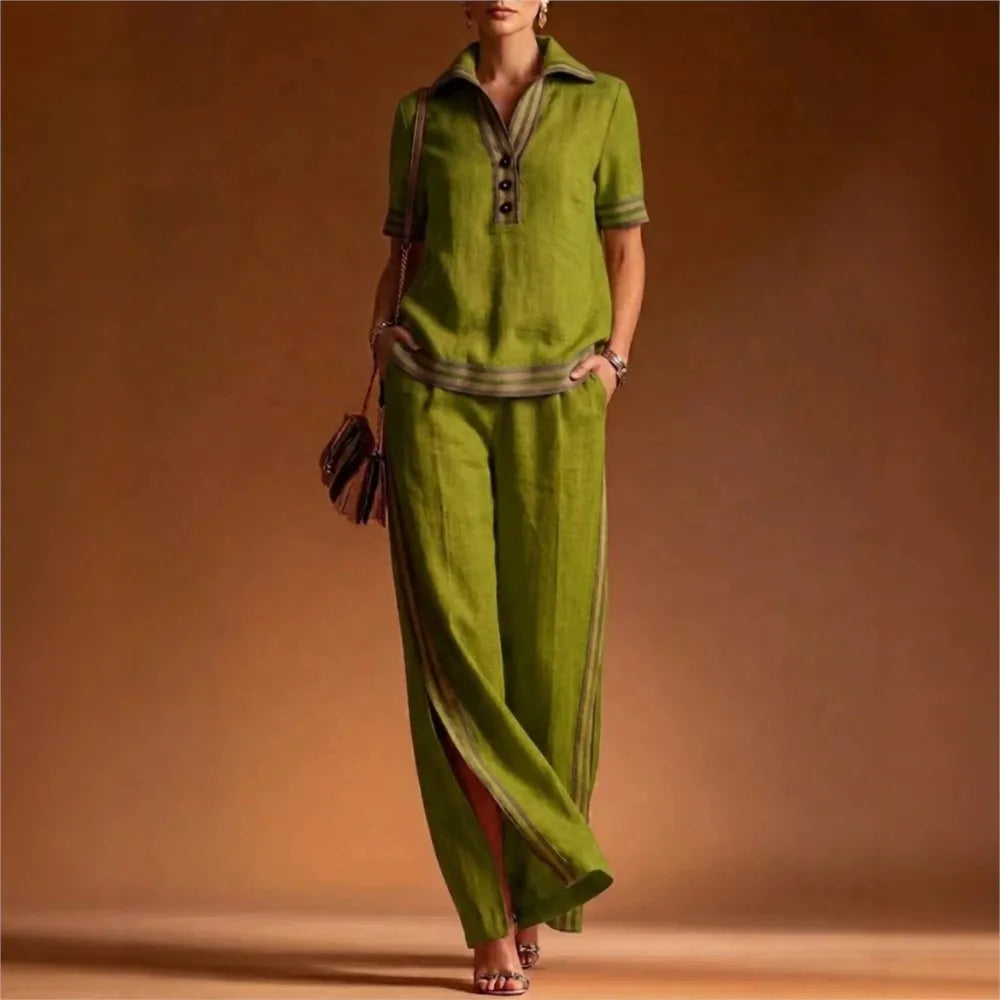Women 2 Piece Linen Set Lapel Collar Half Button Short Sleeve High Waist Split Elegant Casual Loose Summer Wide Leg Long Pants - Matrix-studios.com