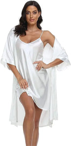 Women's Silk Satin Pajamas 2Pcs Sexy Silky Pj Robe Set with Chemise Nightgown - Matrix-studios.com