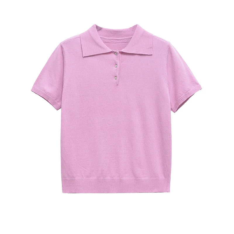 YENKYE New 2025 Women Basic Jersey Polo Collar T Shirt Short Sleeve Front Button Rib Trim Tees Spring Summer Crop Top - Matrix-studios.com