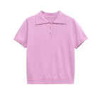 YENKYE New 2025 Women Basic Jersey Polo Collar T Shirt Short Sleeve Front Button Rib Trim Tees Spring Summer Crop Top - Matrix-studios.com