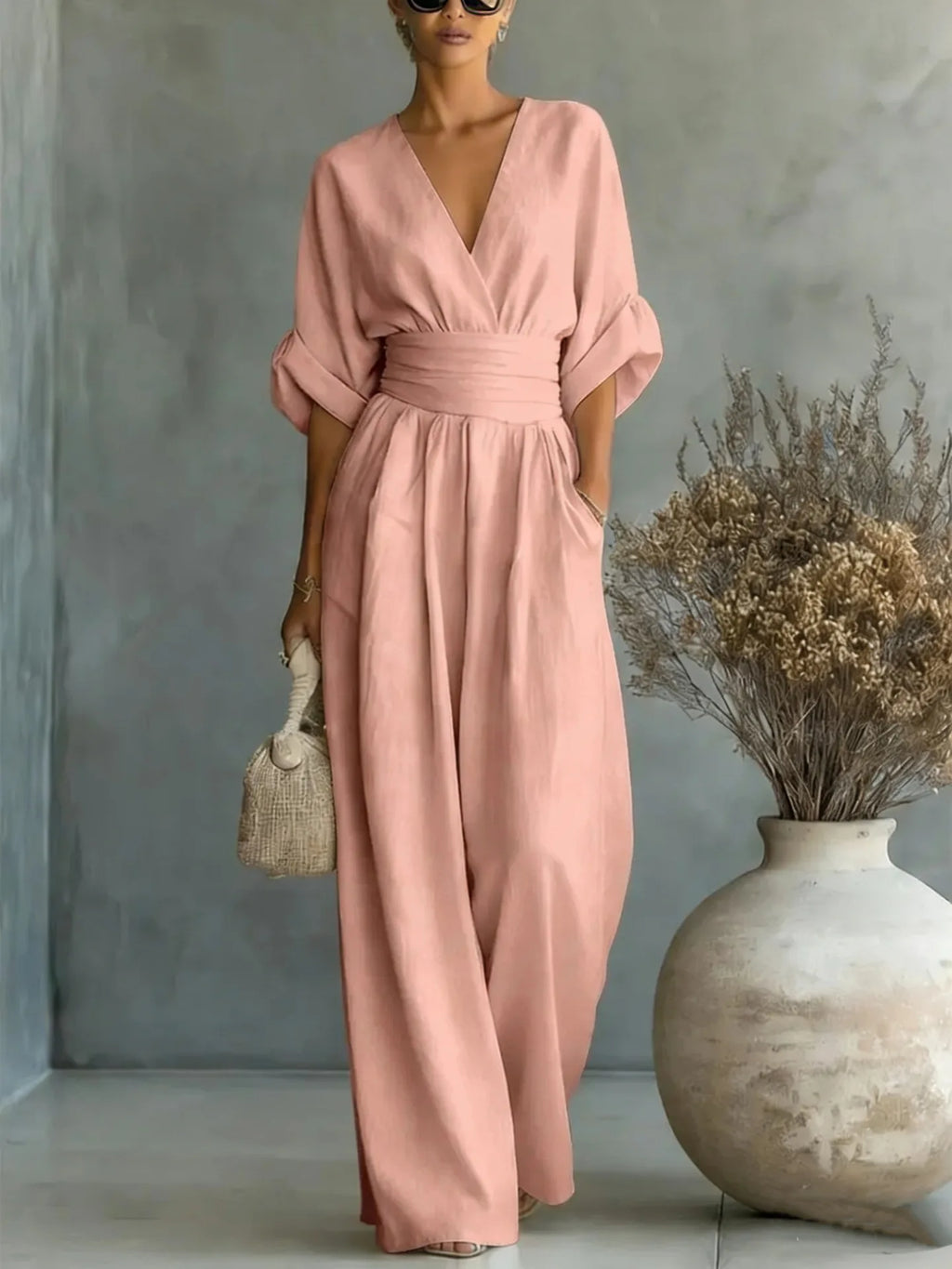 Women's Jumpsuit Fashion High Waist V-neck Jumpsuits for Woman Sexy White Office Wide Leg Trousers Overalls Vacation Outfit New - Matrix Studios