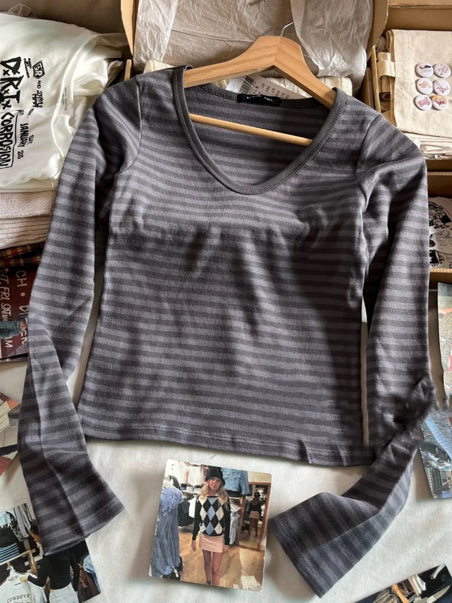 Pink Striped Slim Long Sleeve Tees Women Spring Casual Cotton O-neck Tshirt New Tops Clothes Sweet Cute  Vintage T-shirts Y2K - Matrix-studios.com