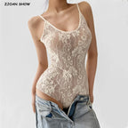 Sexy See Through Lace With Lining Backless Spaghetti Strap Bodysuit Woman Sling Tight Short Jumpsuit Slim Fit Rompers Playsuits - Matrix-studios.com