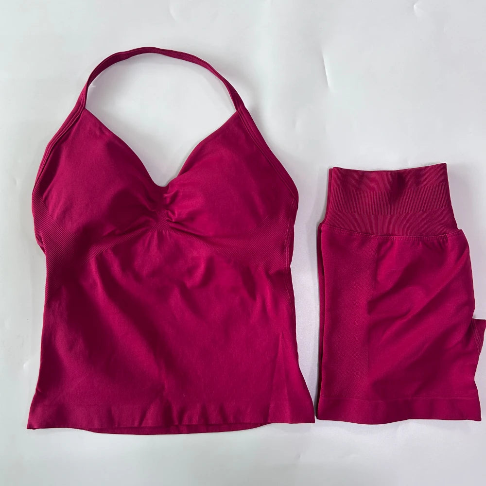 No Logo 2Pcs Gym Set Women Backless Tank Tops High Waist Scrunch Seamless Shorts Gym Suit Fitness Clothes Activewear Workout Set - Matrix-studios.com