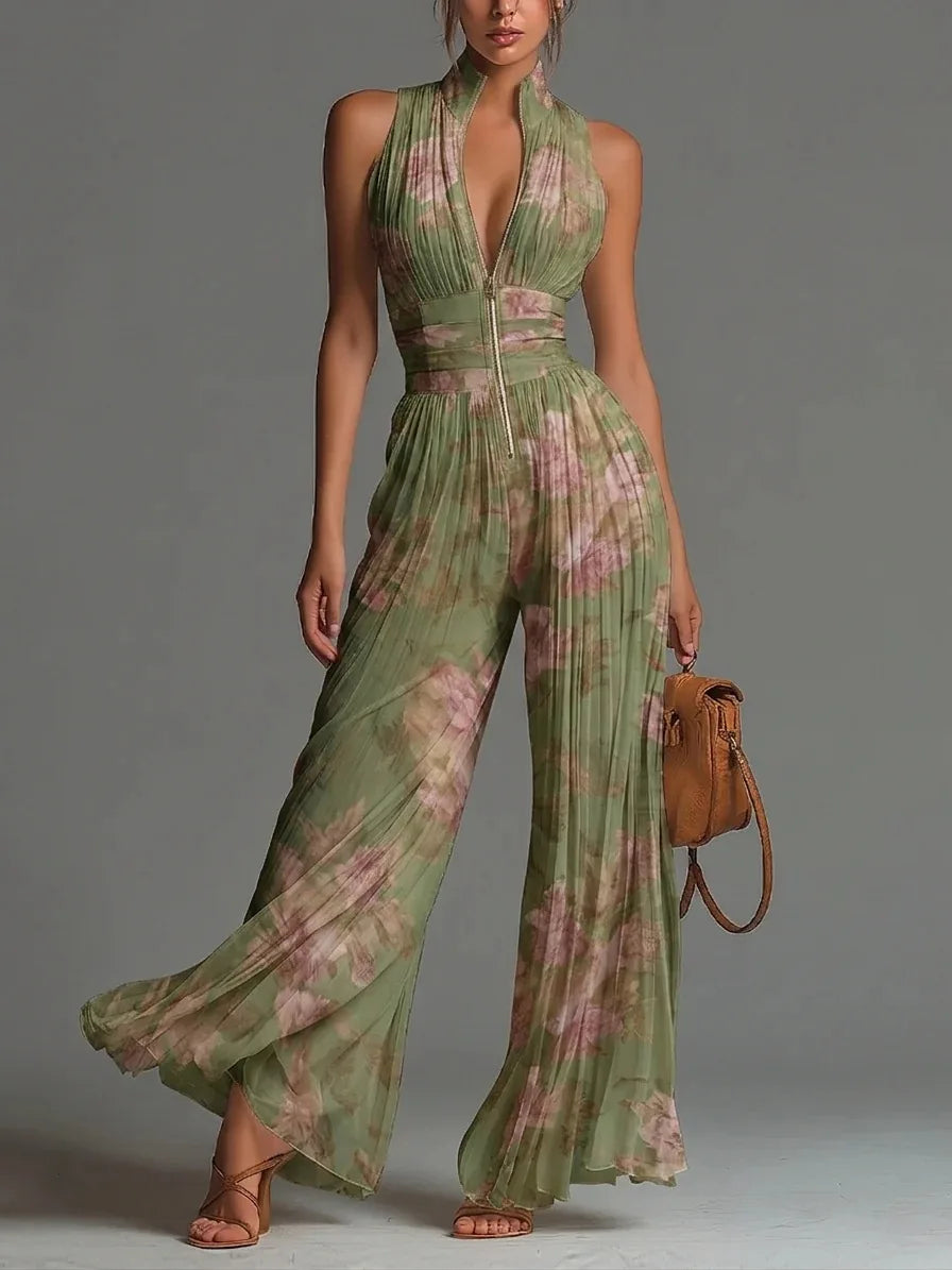 Women Elegant Chiffon Sleeveless Jumpsuit High Waist Pleated Flowy Wide Leg One Piece Overalls Holiday Casual Streetwear Rompers - Matrix Studios