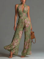Women Elegant Chiffon Sleeveless Jumpsuit High Waist Pleated Flowy Wide Leg One Piece Overalls Holiday Casual Streetwear Rompers - Matrix Studios