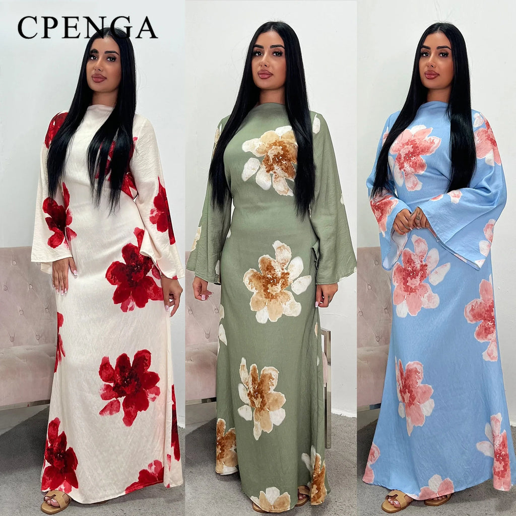 Arabesque Bell Sleeve Flowy Maxi Abaya Dress Elegant Floral Print Muslim Modest Long Dress Islamic Vacation Outfit Summer Robe - Matrix-studios.com