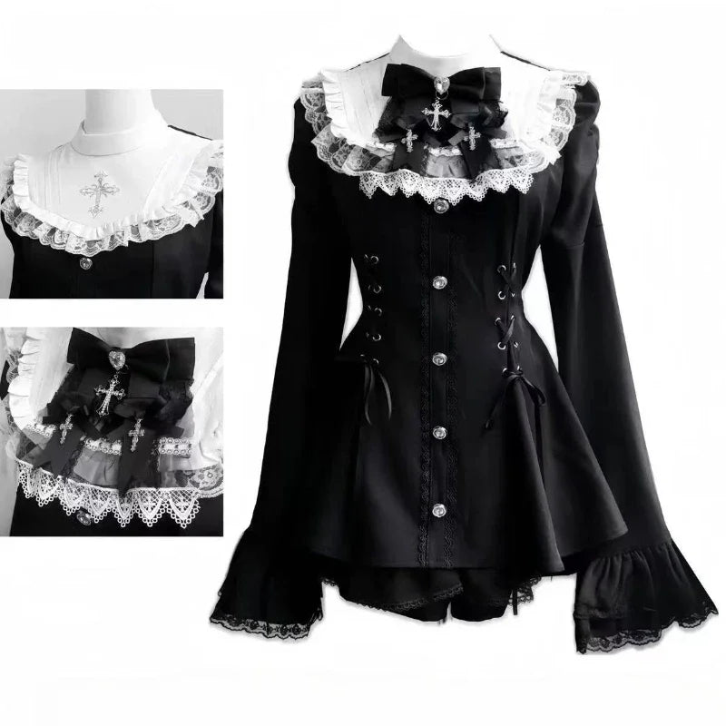 Japanese Y2 Aesthetics Vintage Bow Dress Shorts Set Women Gothic Lolita Style Long Sleeve Shirt Dress Elegant Party Dress Suits - Matrix-studios.com