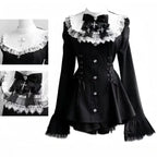 Japanese Y2 Aesthetics Vintage Bow Dress Shorts Set Women Gothic Lolita Style Long Sleeve Shirt Dress Elegant Party Dress Suits - Matrix-studios.com