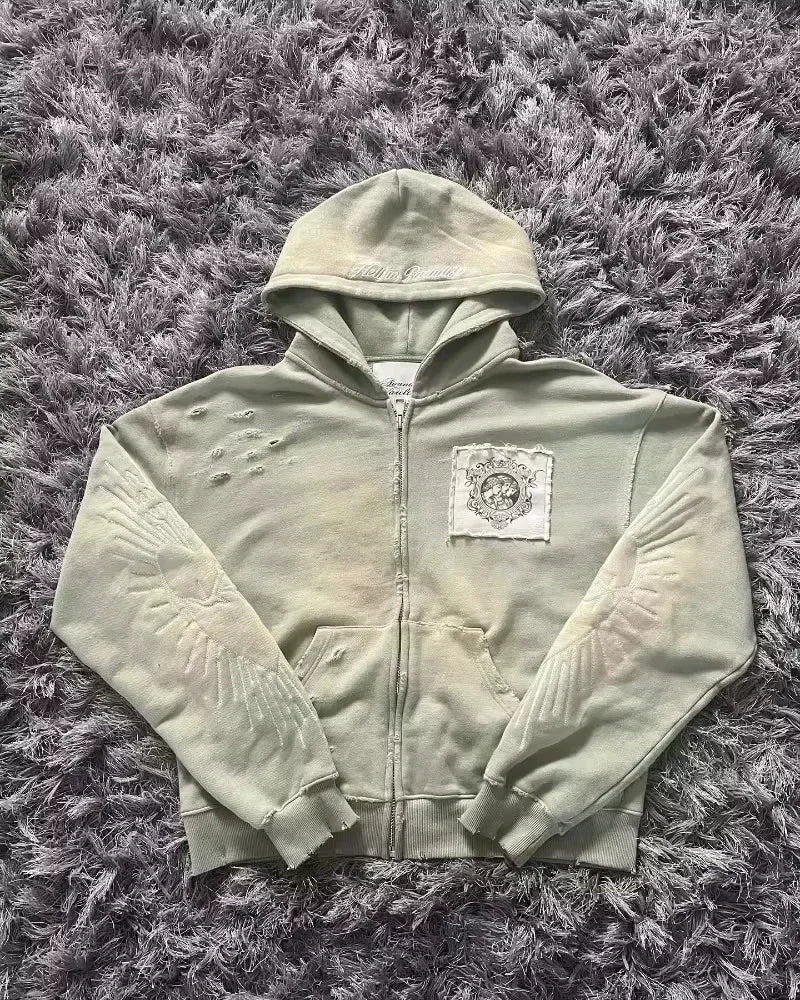 American Y2K New Hip Hop Trend Zipper Hoodie Women Street Casual Loose Joker Vintage Sweatshirt Unisex Fleece Padded Warm Hoodie