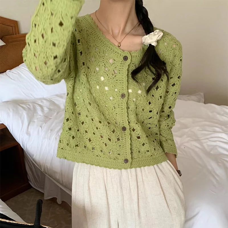 Long Sleeve Crochet Top for Women Sheer Button Up Hollow Out Openwork Knit Cardigan Jacket Spring Summer Boho Vacation Outfit - Matrix Studios