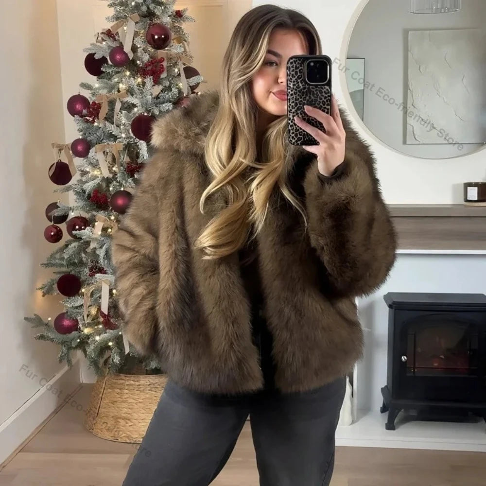 Womens Faux Fur Coat Cropped Soft Plush Artificial Short Fur Coat Holiday Party Elegant Winter Fashion Outerwear Coats for Women - Matrix Studios