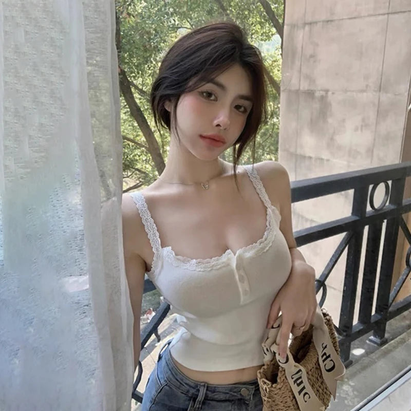 Summer Lace Strap Patchwork Camisole Women Solid Color Sleeveless Buttons Tank Top - Matrix-studios.com