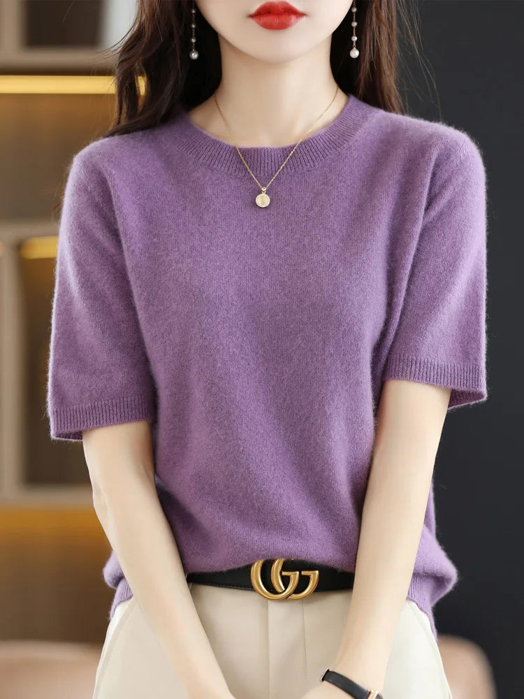 New Short-sleeved Knitwear Women O-neck T-shirt Wool Cotton Blend Pullover Vest Sprig Summer Bottoming Tops Sweater Solid Soft - Matrix Studios