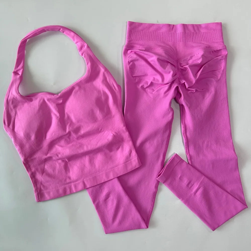 1-2pcs Gym Set Women Backless Tank Tops High Waist Scrunch Seamless Shorts High Waist Yoga Leggings Workout Sets Gym Suit - Matrix-studios.com