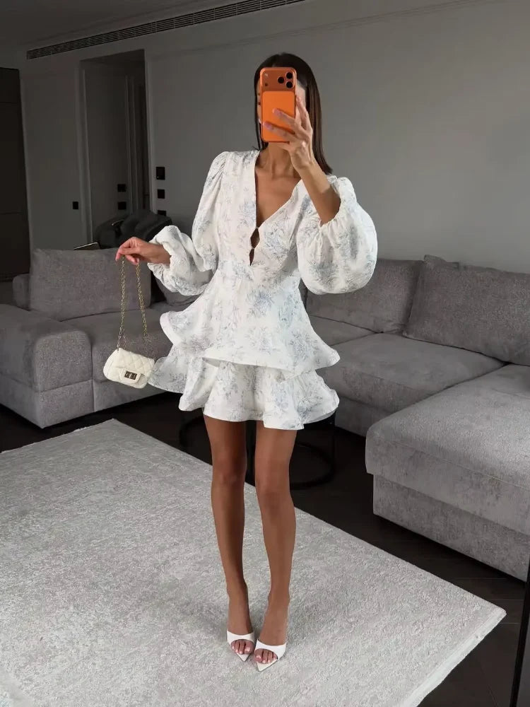 Women Floral Print Mini Dress V-neck Balloon Sleeve Keyhole Detail Tiered Ruffle Hem Dresses 2026 New Summer Holiday Party Gowns - Matrix-studios.com