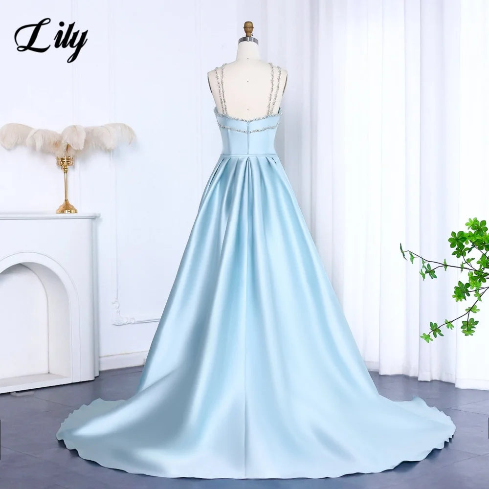 Lily Light Blue Prom Dress Shiny Beading Halter Party Dresses Stain  Sleeveless Celebrity Gowns with Detachable Tail Customized - Matrix-studios.com