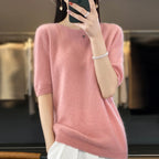 100% Merino Wool Women's O Neck Knitted T-Shirt Korean Pullover Short Sleeve Sweater Women's Basic Solid Color Half Sleeve Women - Matrix Studios