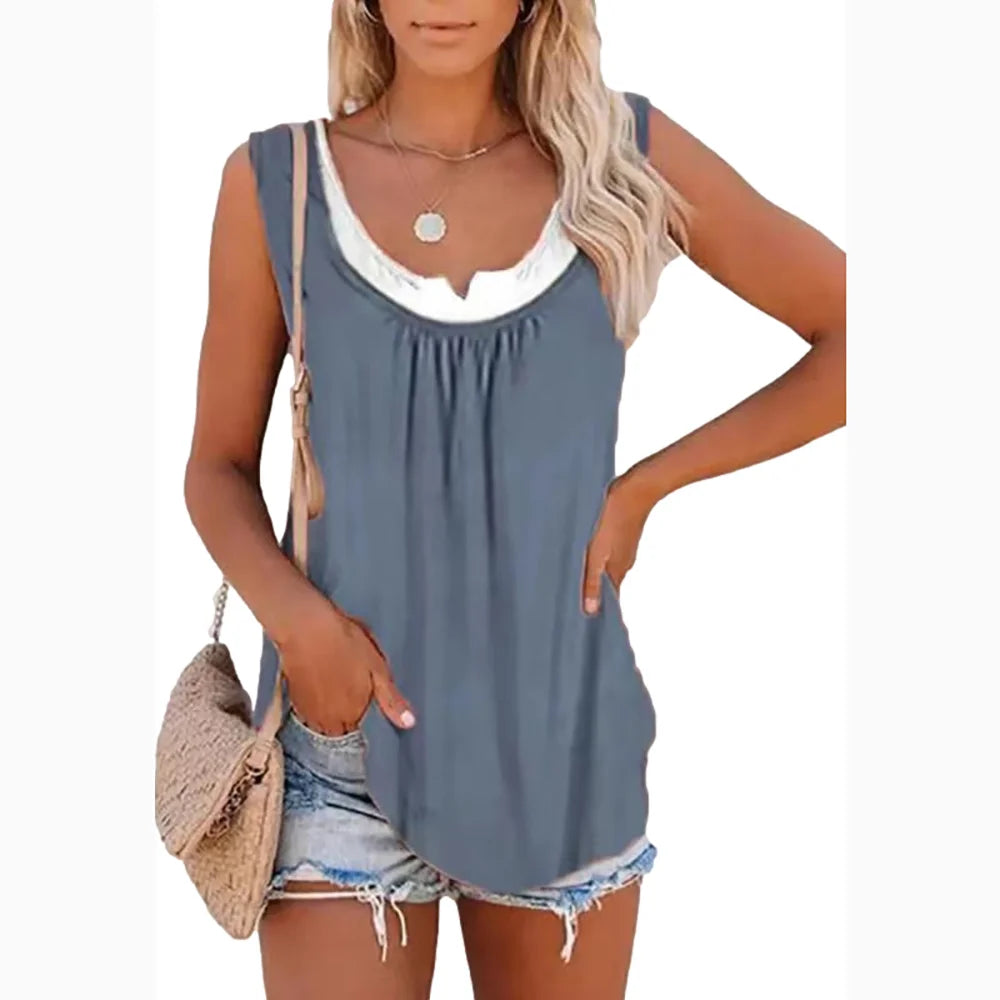 2026 Summer New Arrival Women's Two-Piece Look Sleeveless Tank Top Leaf Print Loose Casual Camisole with Pockets - Matrix-studios.com