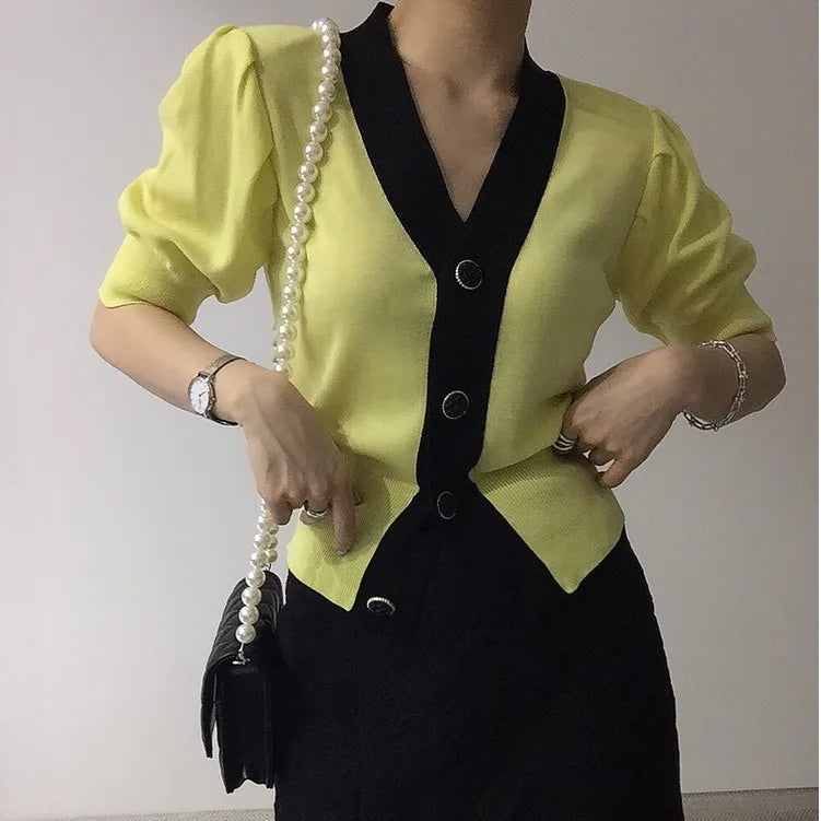 Knitted Sweater Women Cardigans New Sueter Feminino V-Neck Spliced Knit Sweater Cardigan Women Tops Short Sleeve Sweaters Q3558 - Matrix Studios