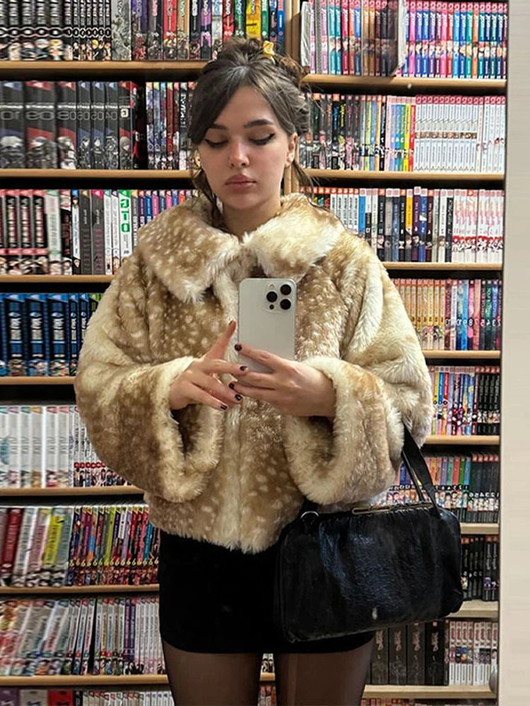 Retro Faux Fur Short Coat Women Elegant Casual Plush Lapel Single Breasted Coats Female 2025 Winter Classic Chic Street Outwear - Matrix Studios