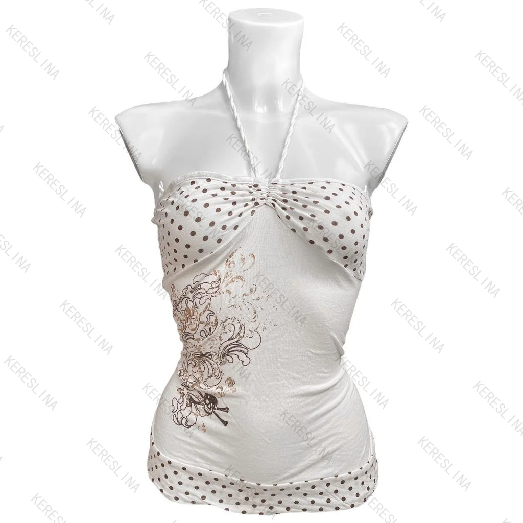 Millennial Style Y2K Skull Lace Bow Striped Halter Top Punk Goth Harajuku Style Top Summer Spice Girls Aesthetic Slim Streetwear - Matrix-studios.com