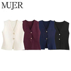MUJER Woman Knit Vest Top Cropped Sleeveless Vests for Women 2025 Button Summer Vest Top Women Waistcoat Knitted Short Tops - Matrix Studios