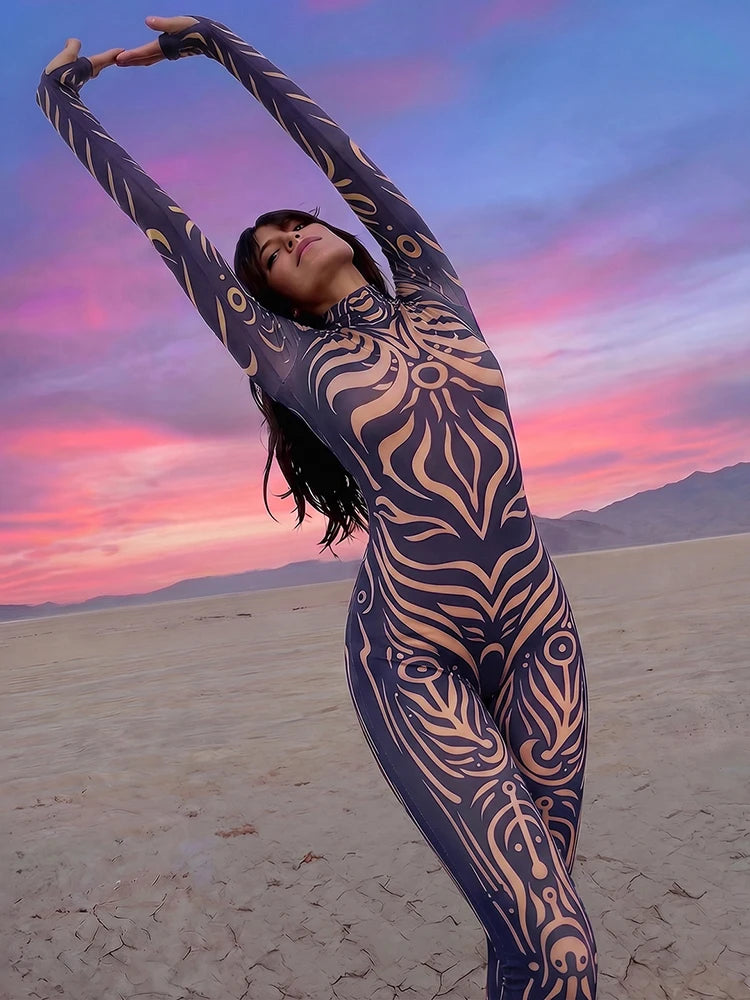 Weird Puss Sexy Striped Print Jumpsuits Women Wild Style Turtleneck Full Sleeve Midnight Party Club Stretch Streetwear Overalls - Matrix Studios
