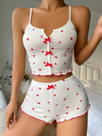 Sexy Sleepwear Women Pajamas Set Heart Print Silk Stain V-Neck Sleeveless Casual Cami Top and Shorts Sets Home Suit Loungewear - Matrix-studios.com
