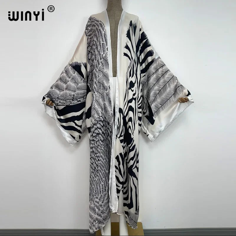WINYI Catwalk Kimono Women Printed bubble hem coat Long Sleeve Cardigan abaya dubai luxury beachwear Cover Up boho dress Caftan - Matrix-studios.com