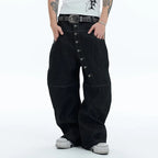 Korean High Street Buckle Curved Jeans Autumn Men'S Loose Straight Leg Pants Black Wide Leg Pants Casual Pants Hip-Hop Pants - Matrix Studios