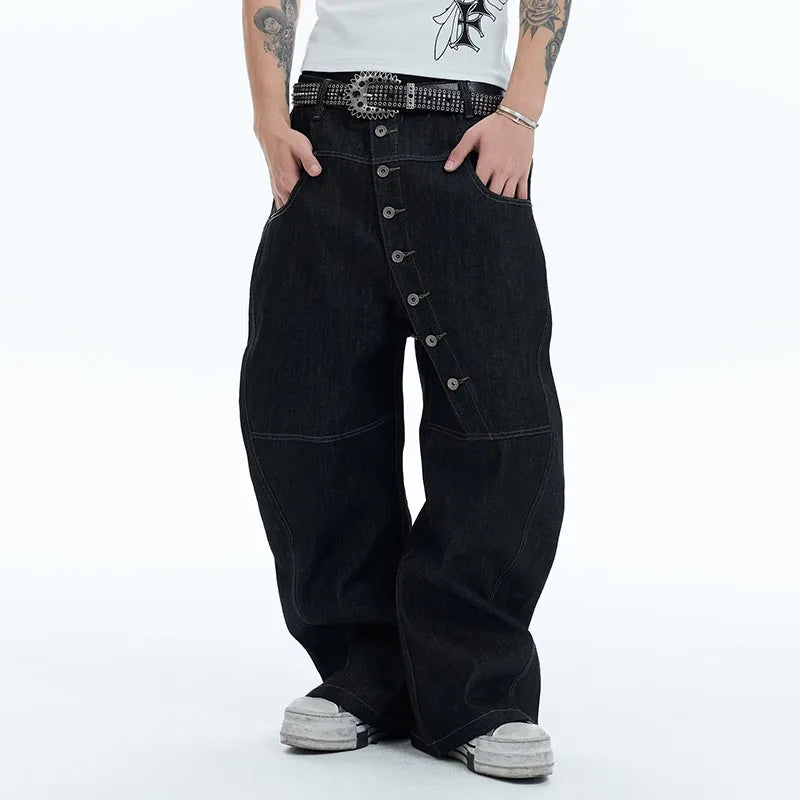 Korean High Street Buckle Curved Jeans Autumn Men'S Loose Straight Leg Pants Black Wide Leg Pants Casual Pants Hip-Hop Pants - Matrix Studios
