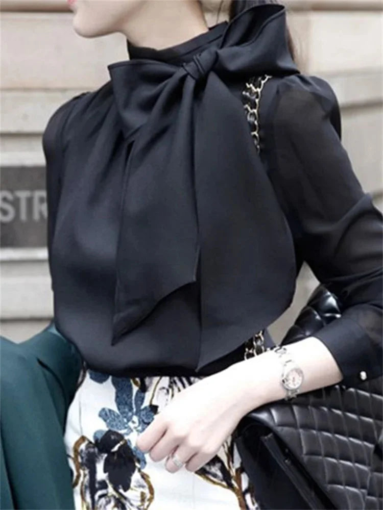 Women Spring Summer Style Chiffon Blouses Shirts Lady Casaul Long Sleeve White Black Bow Tie Collar Blusas Tops - Matrix-studios.com