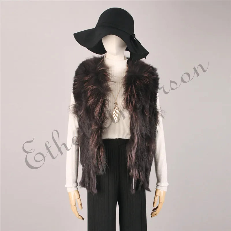 Women's Real Rabbit Fur Vest Knit Natural Leather Tassel Waistcoat Raccoon Fur Collar Winter Knitted Jacket Coat Wholesale - Matrix Studios
