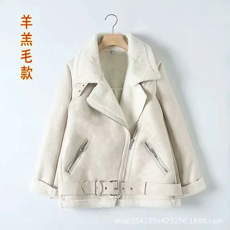 Winter Women Thick PU Leather Warm Suede Lamb Jacket Motorcycle Coats Faux Shearling Biker Sheepskin Leather Jackets Outwear - Matrix Studios