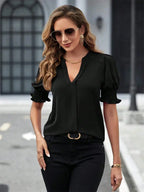 Women Summer Style Blouses Shirts Lady Casual Short Puff Sleeve V-Neck Solid Color Blouse Tops - Matrix-studios.com