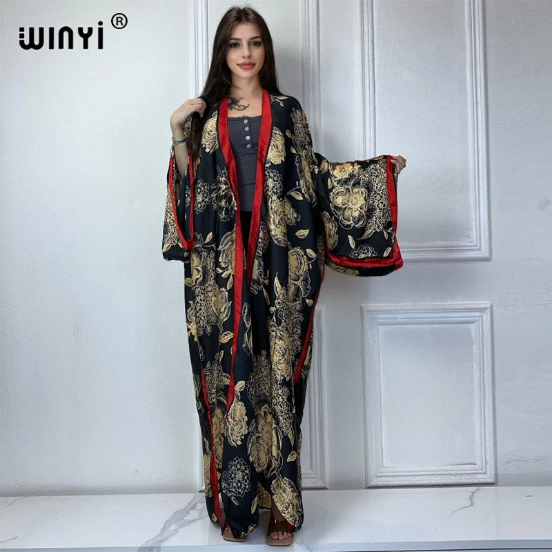 WINYI 2022 africa Boho Printed Long Kimono Dress Bikini Wrap Cover-ups Women Summer Clothes Beach Wear Swim Suit Cover Up kaftan - Matrix Studios