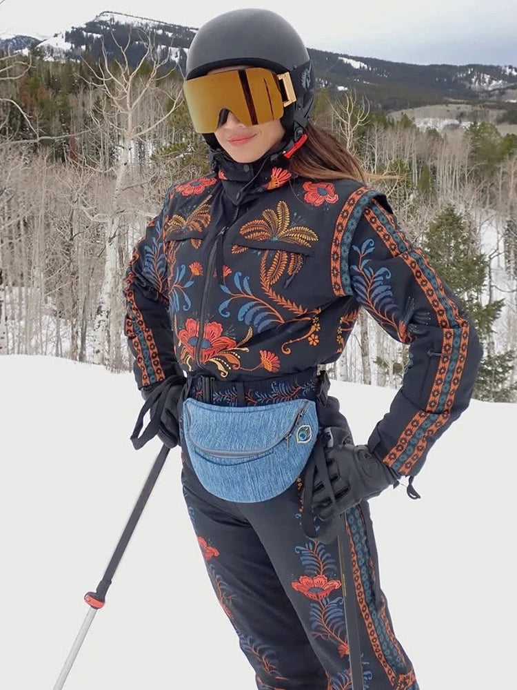 Flower Printed Women's Ski Jumpsuits Zippers Stand Collar Waist-closed Pocket Lady Rompers 2026 Autumn Winter Female Ski Wear - Matrix Studios