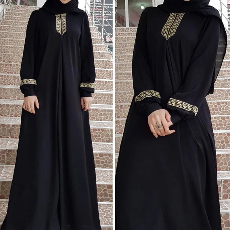 Muslim Abaya Ethnic Style Print Islam Abaya Dress Solid Color Loose Casual Robe Femme Musulman for Middle East Arabia - Matrix-studios.com
