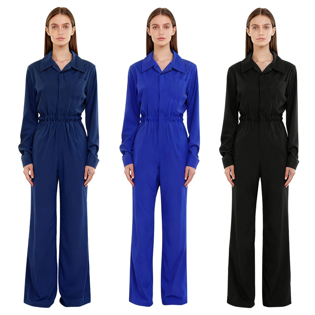 Womens Work Jumpsuit Fashion Button Coverall Casual Turn Down Collar Long Sleeve Romper Overall Elegant Button Front Design - Matrix Studios