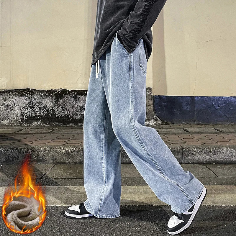 Men's Winter Fleece Loose Jeans Velvet Warm Elastic Waist Wide Leg Y2K Denim Pants Straight Comfortable Brand Men's Clothing - Matrix Studios